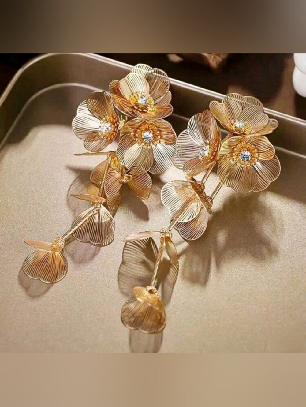 Elegant Gold Floral Drop Earrings with Crystal Centers